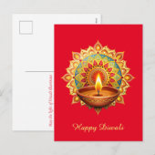 Happy Diwali Rangoli Diya Festival van Licht Rood Feestdagenkaart (Voorkant / Achterkant)