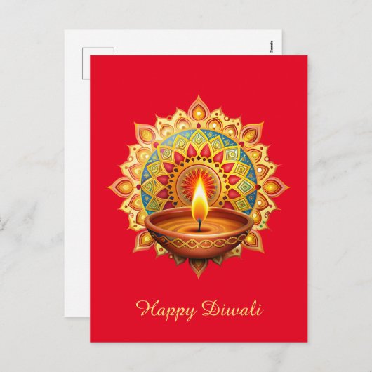 Happy Diwali Rangoli Diya Festival van Licht Rood Feestdagenkaart (Voorkant / Achterkant)