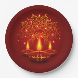 Happy Diwali Red Gold Sparkle Mandala Diya Candles Papieren Bordje