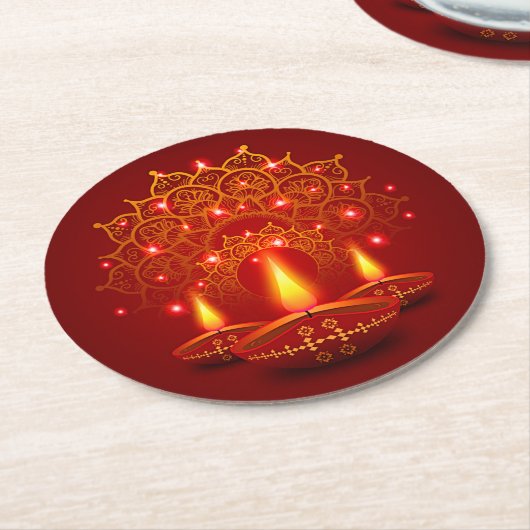 Happy Diwali Red Gold Sparkle Mandala Diya Candles Ronde Kartonnen Onderzetter (Gebogen)