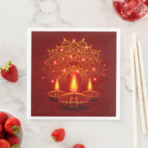 Happy Diwali Red Gold Sparkle Mandala Diya Candles Servet