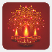 Happy Diwali Red Gold Sparkle Mandala Diya Candles Vierkante Sticker (Voorkant)