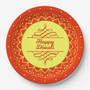 Happy Diwali Sinaasappel Cream Mandala Modern 9" Papieren Bordje