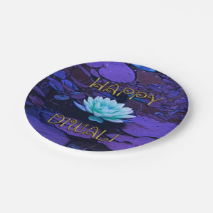 Happy Diwali Typografie Paarse Floral Lotus Flower Papieren Bordje