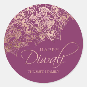 Happy Diwali-typografie roos goud mandala paars Ronde Sticker
