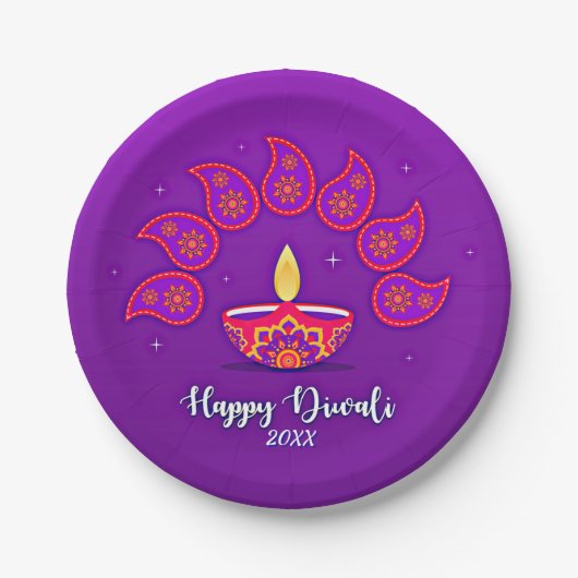 Happy Diwali voegt 20xx Paars Yellow Red 7" toe Papieren Bordje (Voorkant)