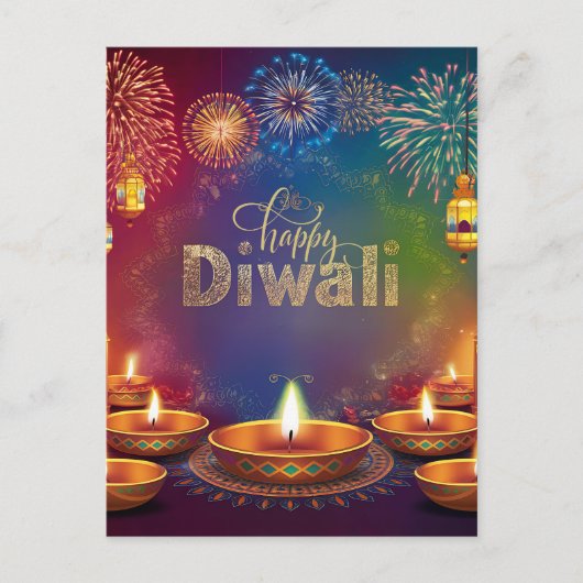 Happy Diwali Vuurwerk Diya Festival van het Licht Feestdagenkaart (Voorkant)