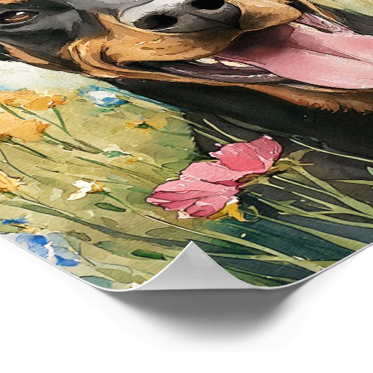 Happy Doberman in Wildflowers - Waterverf Dog Art Poster (Hoek)