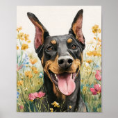 Happy Doberman in Wildflowers - Waterverf Dog Art Poster (Voorkant)