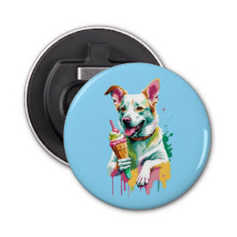 Happy Dog eating an ice-cream Button Flesopener