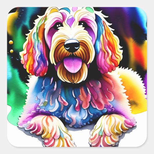 Happy Dog Goldendoodle Waterverf Design Vierkante Sticker (Voorkant)