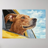 Happy Dog in Yellow Car Art Print (Voorkant)