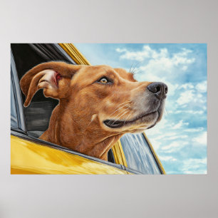 Happy Dog in Yellow Car Art Print