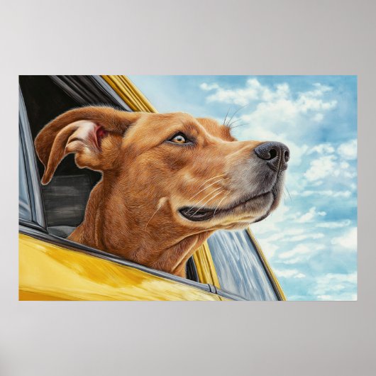 Happy Dog in Yellow Car Art Print (Voorkant)