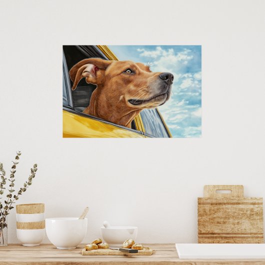 Happy Dog in Yellow Car Art Print (Keuken)
