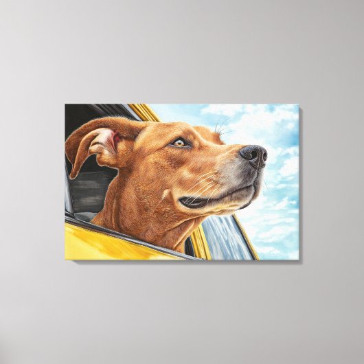 Happy Dog in Yellow Car Art Print (Voorkant)