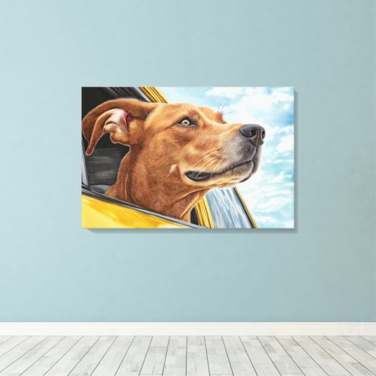 Happy Dog in Yellow Car Art Print (Insitu (Houten vloer))