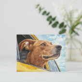 Happy Dog in Yellow Car Art Print Briefkaart (Staand voorkant)