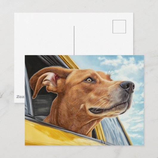 Happy Dog in Yellow Car Art Print Briefkaart (Voorkant / Achterkant)