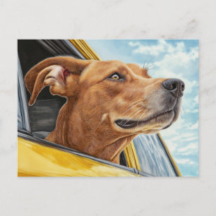 Happy Dog in Yellow Car Art Print Briefkaart