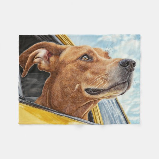 Happy Dog in Yellow Car Art Print Fleece Deken (Voorkant (Horizontaal))