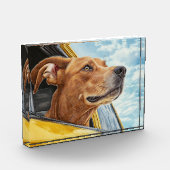 Happy Dog in Yellow Car Art Print Fotoblokken (Links)