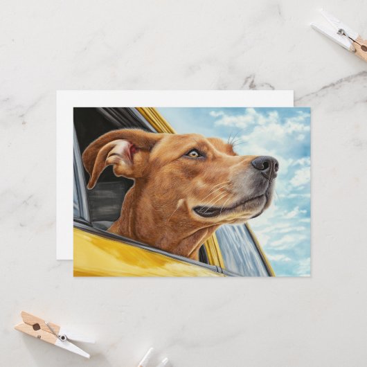 Happy Dog in Yellow Car Art Print Kaart (Voorkant / Achterkant in situ)
