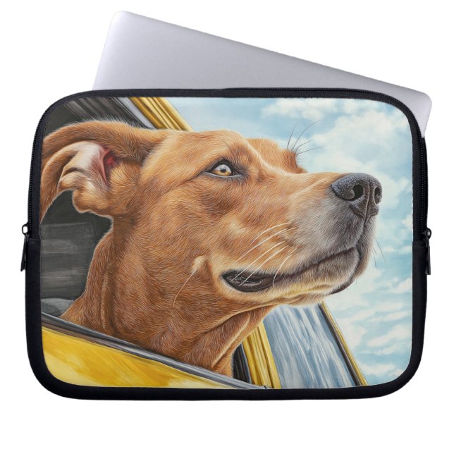 Happy Dog in Yellow Car Art Print Laptop Sleeve (Voorkant)