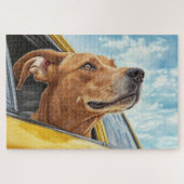 Happy Dog in Yellow Car Art Print Legpuzzel (Horizontaal)