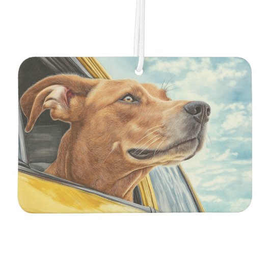 Happy Dog in Yellow Car Art Print Luchtverfrisser (Achterkant)