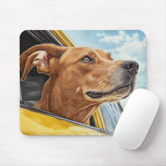 Happy Dog in Yellow Car Art Print Muismat (Met muis)