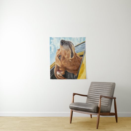 Happy Dog in Yellow Car Art Print Wandkleed (In situ)