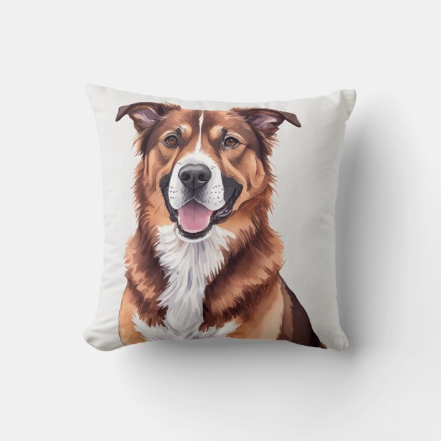 Happy Dog Portrait Realistisch Bruin Wit Glimlache Kussen (Voorkant)