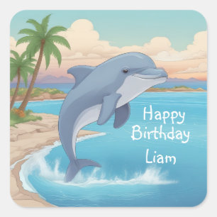 Happy Dolphin Birthday Vierkante Sticker