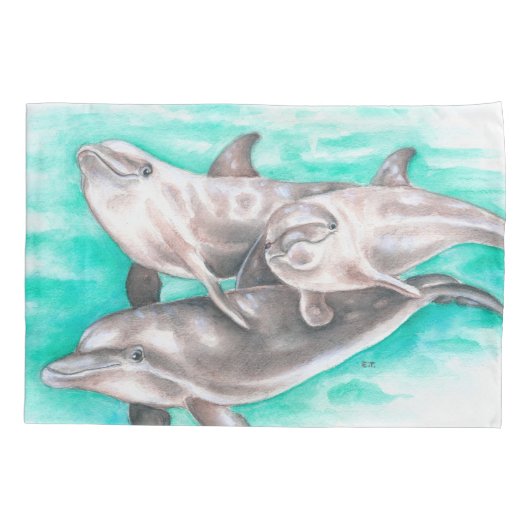 Happy Dolphins Blauwgroen Kussensloop (Achterkant)