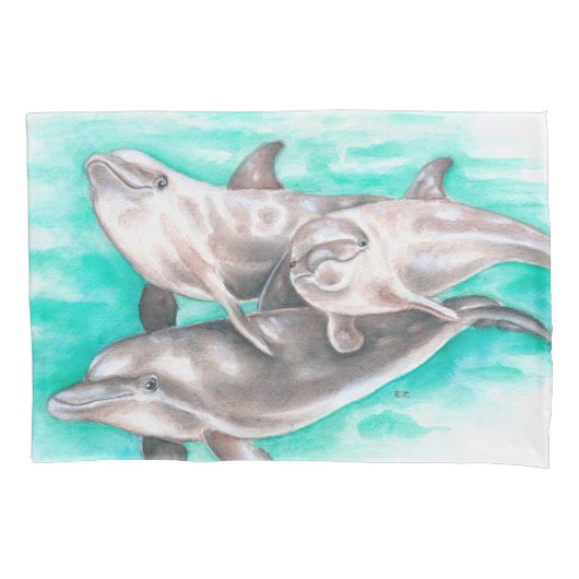 Happy Dolphins Blauwgroen Kussensloop (Voorkant)