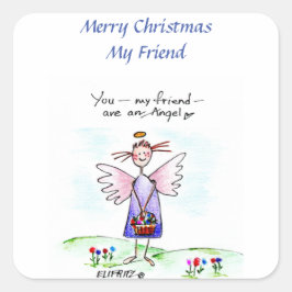 Happy Drawing "You My Friend" Paarse Blauw Groen Vierkante Sticker