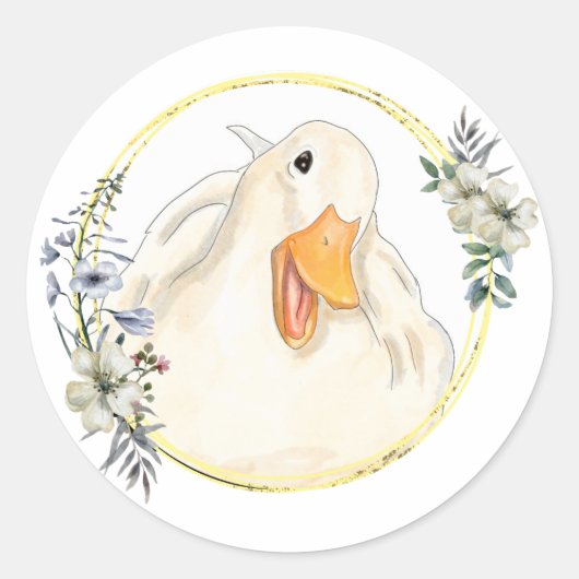 Happy Duck, Leuk Dier, Handgemaakt, Bloemen Lijst Ronde Sticker (Voorkant)