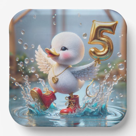 Happy Duckling met #5 Verjaardagsballon Papieren Bordje (Voorkant)