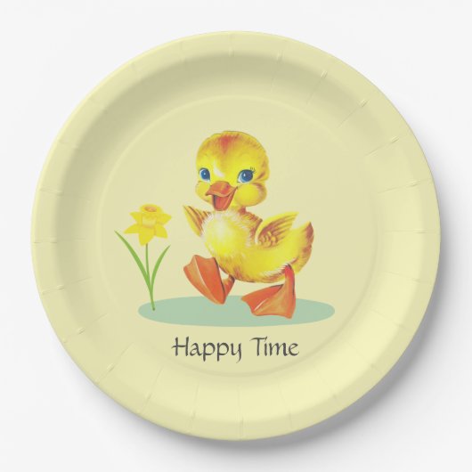 Happy Duckling op Lichtgeel Party Paper Bord (Voorkant)