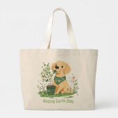 Happy Earth Day Golden Retriever Hondentuin Grote Tote Bag (Achterkant)
