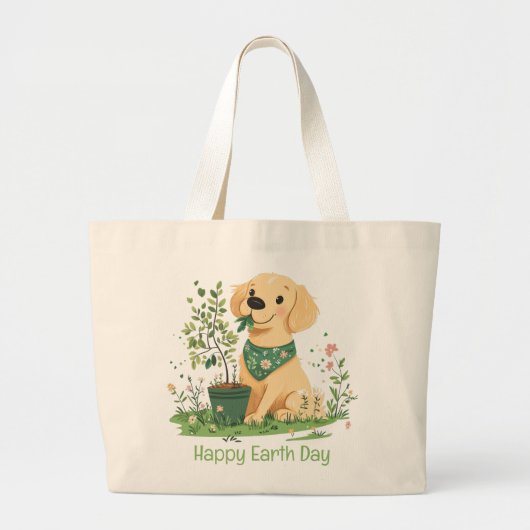Happy Earth Day Golden Retriever Hondentuin Grote Tote Bag (Voorkant)