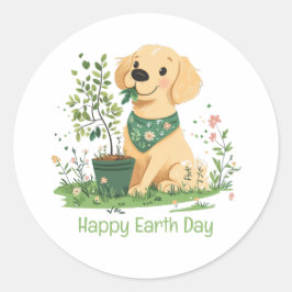 Happy Earth Day Golden Retriever Hondentuin Ronde Sticker