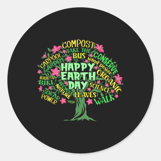 Happy Earth Day Tree Illustratie Word Art Ronde Sticker (Voorkant)