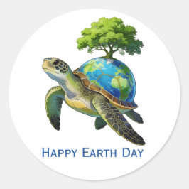 Happy Earth Day Turtle Planet and Trees Ronde Sticker