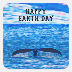Happy Earth Day Whale Tail Blue Ocean Vierkante Sticker