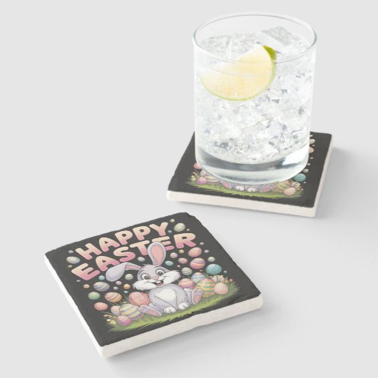 Happy Easter 2025 Eggs Bunny Schattige Konijn Stenen Onderzetter (Zijkant)