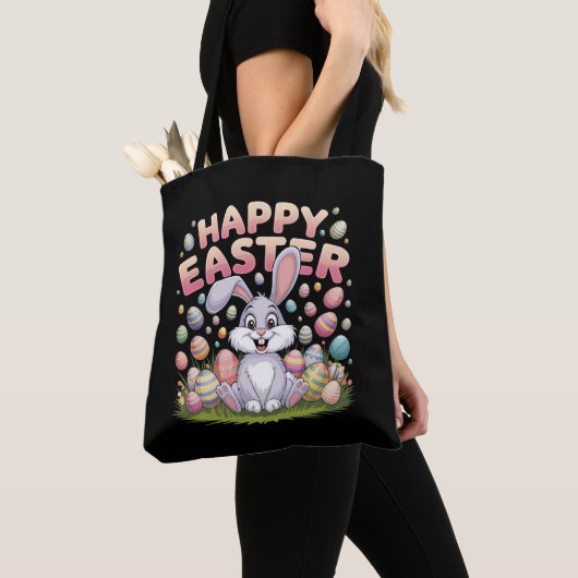Happy Easter 2025 Eggs Bunny Schattige Konijn Tote Bag (Dichtbij)