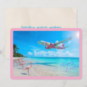 Happy Easter Airplane Over Beach with Flamingos Feestdagenkaart (Voorkant / Achterkant)