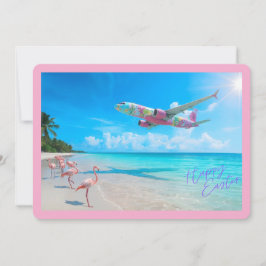 Happy Easter Airplane Over Beach with Flamingos Feestdagenkaart
